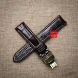 Dây đồng hồ da cá sấu màu NÂU ĐẬM may thủ công chỉ trắng hand made kèm khóa,size 18-19-20-21-22mm