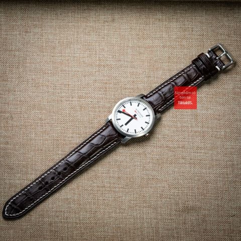 Dây đồng hồ da cá sấu màu NÂU ĐẬM may thủ công chỉ trắng hand made kèm khóa,size 18-19-20-21-22mm