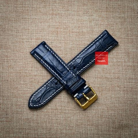Dây đồng hồ da cá sấu màu XANH NAVY may thủ công chỉ trắng hand made kèm khóa, size 18-19-20-21-22mm