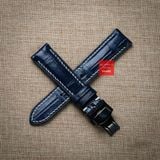 Dây đồng hồ da cá sấu màu XANH NAVY may thủ công chỉ trắng hand made kèm khóa, size 18-19-20-21-22mm