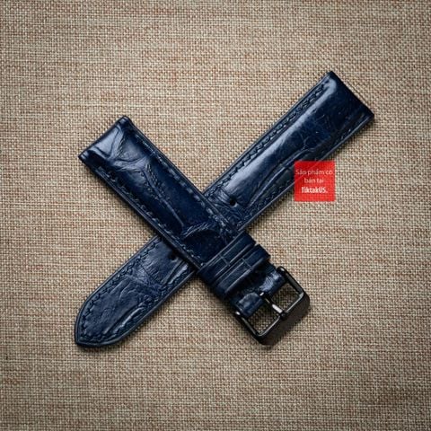 Dây đồng hồ da cá sấu màu XANH NAVY may thủ công hand made kèm khóa,size 18-19-20-21-22mm