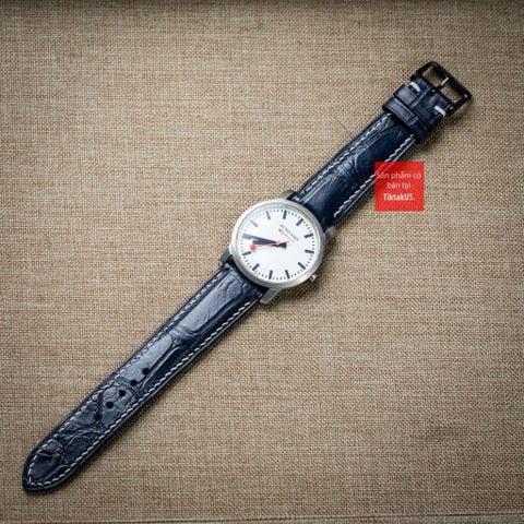 Dây đồng hồ da cá sấu màu XANH NAVY may thủ công chỉ trắng hand made kèm khóa, size 18-19-20-21-22mm