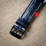 Dây đồng hồ da cá sấu màu XANH NAVY may thủ công chỉ trắng hand made kèm khóa, size 18-19-20-21-22mm
