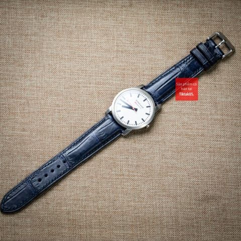 Dây đồng hồ da cá sấu màu XANH NAVY may thủ công hand made kèm khóa,size 18-19-20-21-22mm