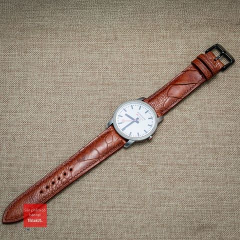 Dây đồng hồ da đà điểu vân vẩy màu Nâu Đỏ may thủ công handmade kèm khóa,size 18-19-20-21-22mm