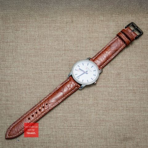 Dây đồng hồ da đà điểu vân vẩy màu Nâu Đỏ may thủ công chỉ trắng hand made kèm khóa,size 18-19-20-21-22mm