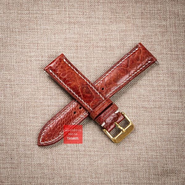 Dây đồng hồ da đà điểu vân vẩy màu Nâu Đỏ may thủ công chỉ trắng hand made kèm khóa,size 18-19-20-21-22mm