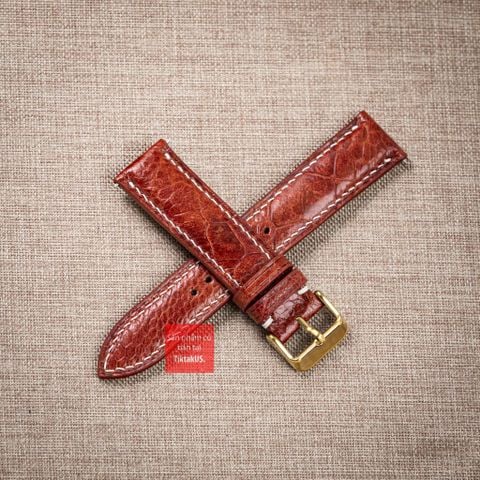 Dây đồng hồ da đà điểu vân vẩy màu Nâu Đỏ may thủ công chỉ trắng hand made kèm khóa,size 18-19-20-21-22mm