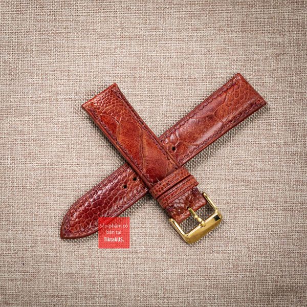 Dây đồng hồ da đà điểu vân vẩy màu Nâu Đỏ may thủ công handmade kèm khóa,size 18-19-20-21-22mm