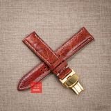 Dây đồng hồ da đà điểu vân vẩy màu Nâu Đỏ may thủ công chỉ trắng hand made kèm khóa,size 18-19-20-21-22mm