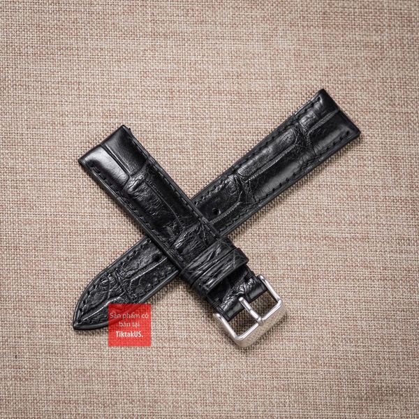 Dây đồng hồ da cá sấu màu ĐEN may thủ công hand made kèm khóa, size 18-19-20-21-22mm