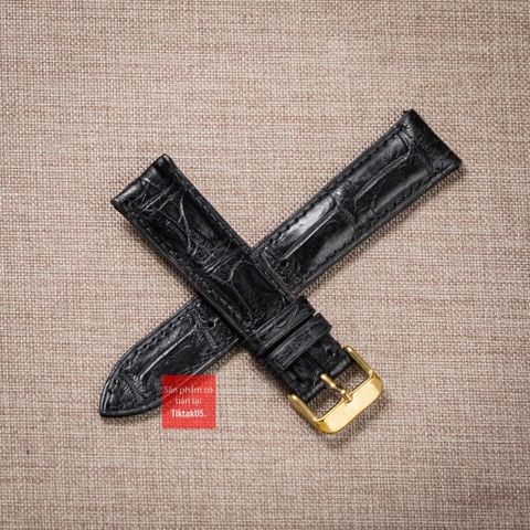 Dây đồng hồ da cá sấu màu ĐEN may thủ công hand made kèm khóa, size 18-19-20-21-22mm