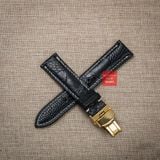 Dây đồng hồ da đà điểu vân vẩy màu ĐEN may thủ công hand made chỉ trắng kèm khóa, size 18-19-20-21-22mm