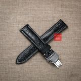 Dây đồng hồ da đà điểu vân vẩy màu ĐEN may thủ công hand made chỉ trắng kèm khóa, size 18-19-20-21-22mm