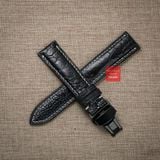 Dây đồng hồ da đà điểu vân vẩy màu ĐEN may thủ công hand made chỉ trắng kèm khóa, size 18-19-20-21-22mm