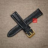 Dây đồng hồ da đà điểu vân vẩy màu ĐEN may thủ công hand made chỉ trắng kèm khóa, size 18-19-20-21-22mm