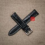 Dây đồng hồ da đà điểu vân vẩy màu ĐEN may thủ công hand made chỉ trắng kèm khóa, size 18-19-20-21-22mm