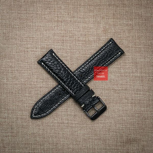 Dây đồng hồ da đà điểu vân vẩy màu ĐEN may thủ công hand made chỉ trắng kèm khóa, size 18-19-20-21-22mm