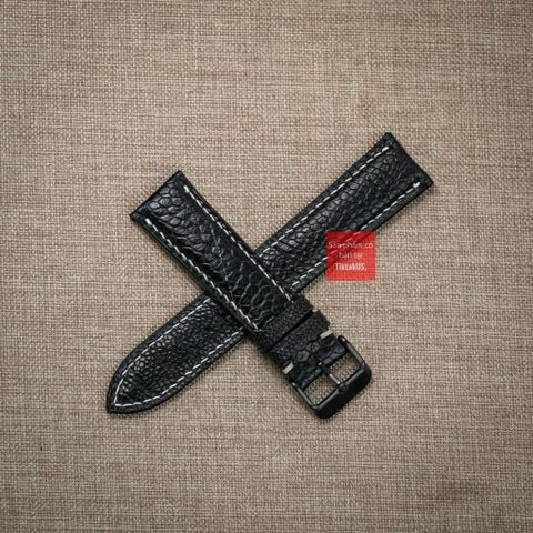 Dây đồng hồ da đà điểu vân vẩy màu ĐEN may thủ công hand made chỉ trắng kèm khóa, size 18-19-20-21-22mm