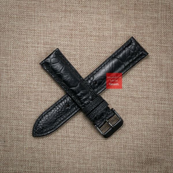 Dây đồng hồ da đà điểu vân vẩy màu ĐEN may thủ công handmade kèm khóa, size 18-19-20-21-22mm