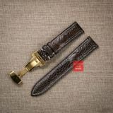 Dây đồng hồ da đà điểu vân vẩy màu nâu đậm may thủ công hand made chỉ trắng kèm khóa, size 18-19-20-21-22mm