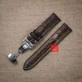 Dây đồng hồ da đà điểu vân vẩy màu nâu đậm may thủ công hand made chỉ trắng kèm khóa, size 18-19-20-21-22mm