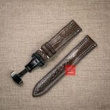Dây đồng hồ da đà điểu vân vẩy màu nâu đậm may thủ công hand made chỉ trắng kèm khóa, size 18-19-20-21-22mm