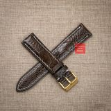 Dây đồng hồ da đà điểu vân vẩy màu nâu đậm may thủ công hand made chỉ trắng kèm khóa, size 18-19-20-21-22mm