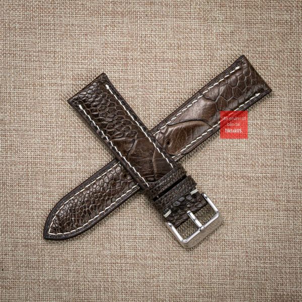 Dây đồng hồ da đà điểu vân vẩy màu nâu đậm may thủ công hand made chỉ trắng kèm khóa, size 18-19-20-21-22mm