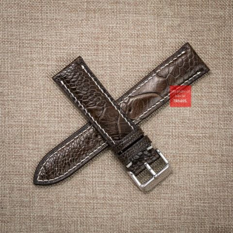 Dây đồng hồ da đà điểu vân vẩy màu nâu đậm may thủ công hand made chỉ trắng kèm khóa, size 18-19-20-21-22mm