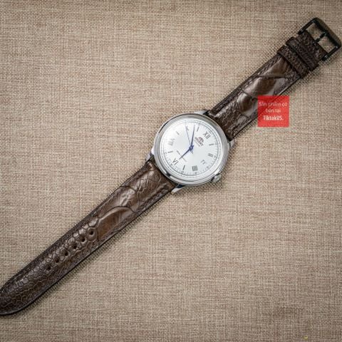 Dây đồng hồ da đà điểu vân vẩy màu nâu đậm may thủ công handmade kèm khóa,size 18-19-20-21-22mm