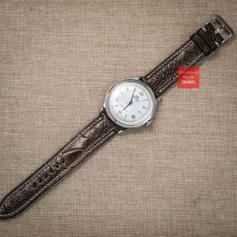 Dây đồng hồ da đà điểu vân vẩy màu nâu đậm may thủ công hand made chỉ trắng kèm khóa, size 18-19-20-21-22mm