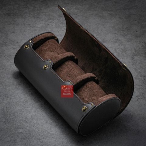 Hộp đựng đồng hồ du lịch 3 ngăn da bò thật 100%, Vintage Travel case nâu cafe