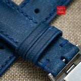 Dây đồng hồ da bò thật, da thảo mộc Pueblo màu XANH DƯƠNG may thủ công handmade size 18-19-20-21-22mm