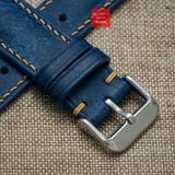 Dây đồng hồ da bò thật, da thảo mộc Pueblo màu Xanh Dương chỉ Be may thủ công handmade size 18-19-20-21-22mm