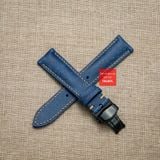 Dây đồng hồ da bò thật, da thảo mộc Pueblo màu Xanh Dương chỉ Be may thủ công handmade size 18-19-20-21-22mm