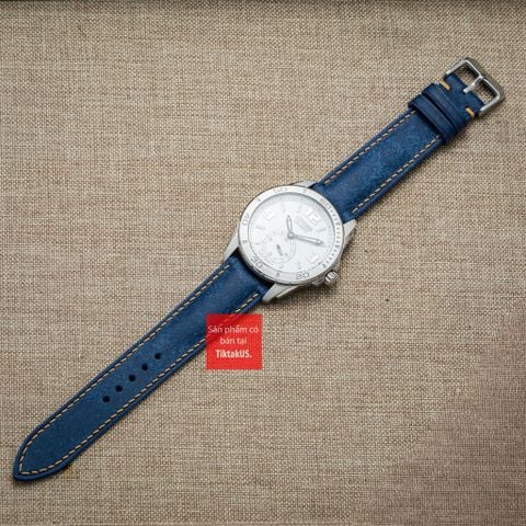 Dây đồng hồ da bò thật, da thảo mộc Pueblo màu Xanh Dương chỉ Be may thủ công handmade size 18-19-20-21-22mm