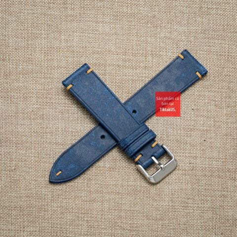 Dây đồng hồ da bò thật, da thảo mộc Pueblo không chỉ viền màu XANH DƯƠNG may thủ công handmade