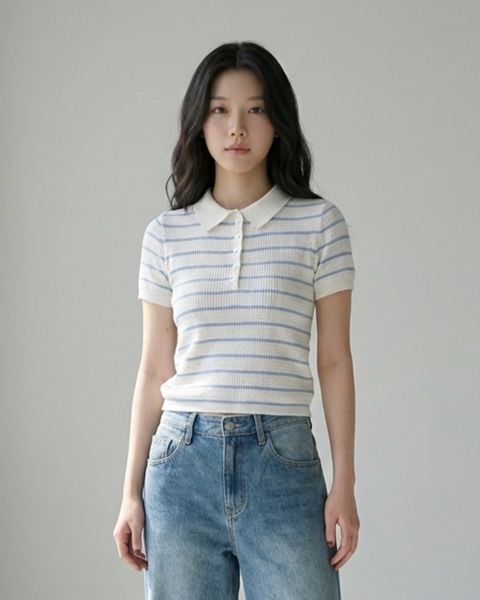 Áo Knit Polo - Cream/ Sky Blue