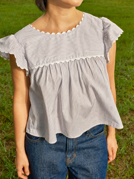 Áo Monte Carlo Blouse - Grey Pinstripe with Trim Lace