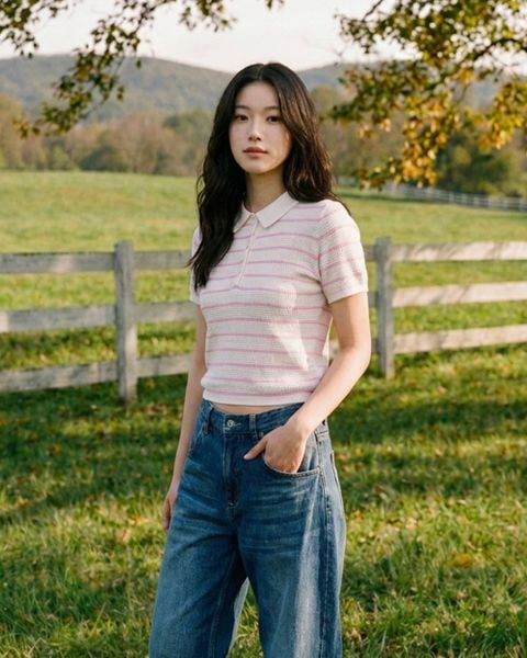 Áo Knit Polo - Cream/ Pink