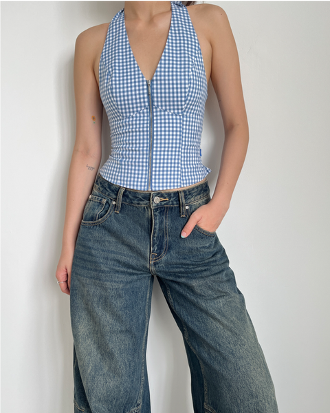 Áo Modern Corset Top - Stone Blue Aura Gingham