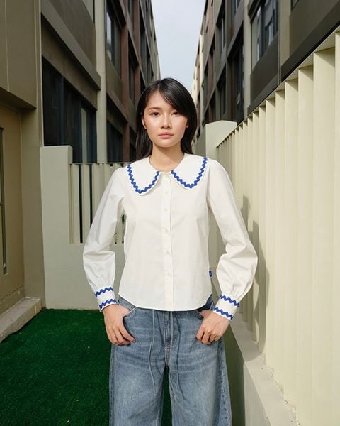 Áo Jessie Shirt - White Blue Zig Zag Lace