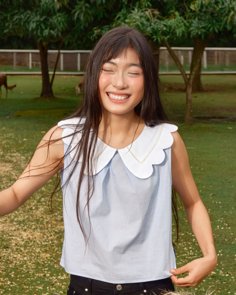 Áo Grace Blouse - Embroidered Lace Collar in Blue Pinstripe