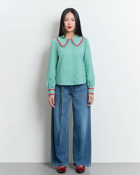 Áo Jessie Shirt - Green Gingham Red ZigZag Lace