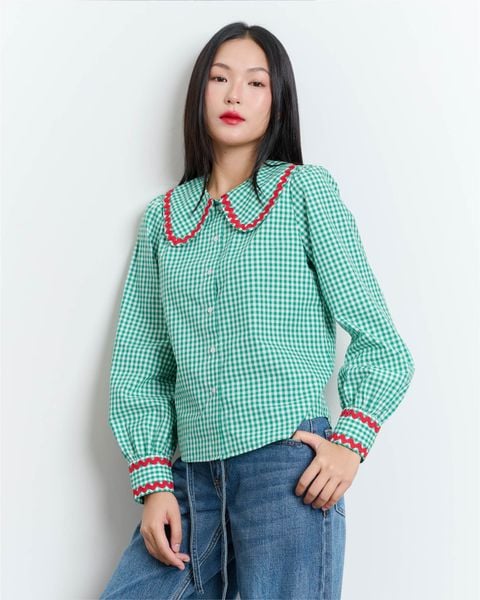 Áo Jessie Shirt - Green Gingham Red ZigZag Lace