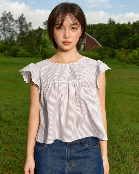 Áo Monte Carlo Blouse - Grey Pinstripe with Trim Lace
