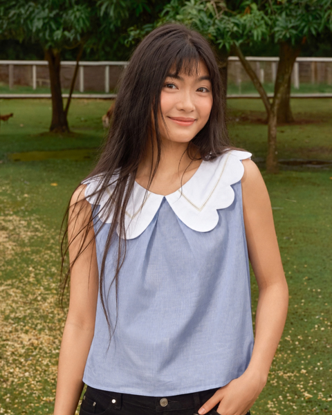 Áo Grace Blouse - Embroidered Lace Collar in Blue Navy Pinstripe