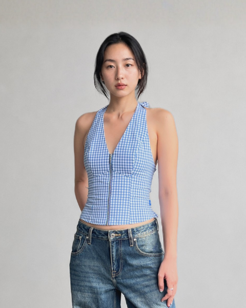 Áo Modern Corset Top - Stone Blue Aura Gingham