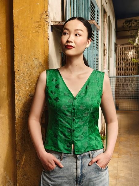 Áo V Neck Tơ Tằm - Green Silk